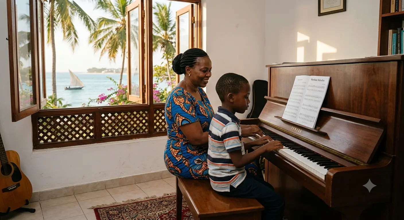 Piano instructor in Mombasa teaching a young student during a private piano lesson at home with an upright piano overlooking the Kenyan coast.